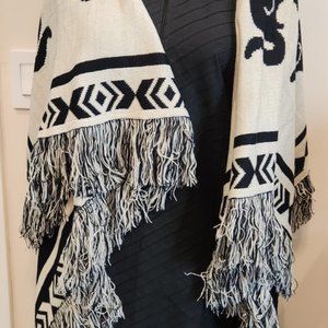Trunk Up Elephant woven Black/Creme Shawl Collar Sleeveless Duster/Reversible